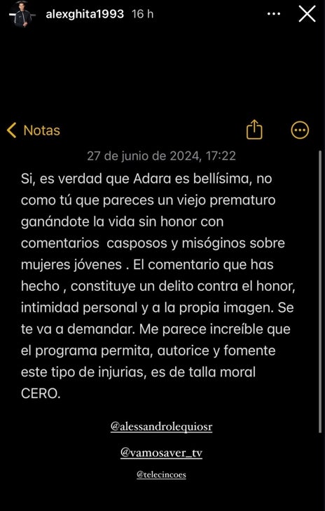 Imagen secundaria 1 - El novio de Adara denunciará a Alessandro Lecquio por lo que soltó de la &#039;superviviente&#039; en &#039;Vamos a ver&#039;