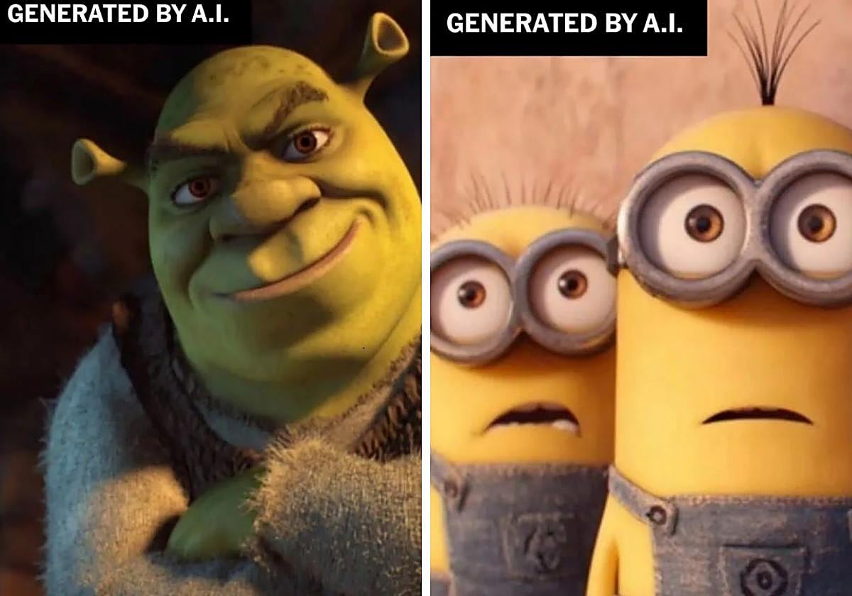 Imágenes generadas por inteligencia artificial de las películas 'Shrek' y 'Los Minions'
