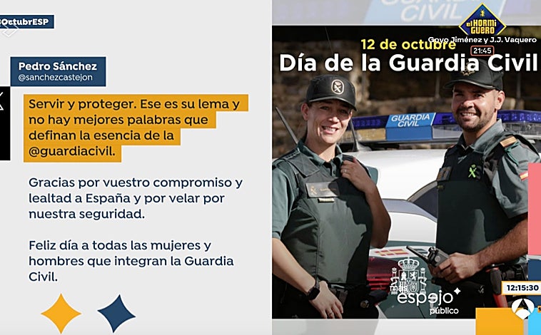 Imagen principal - 'Espejo Público' se ha hecho eco del error de Pedro Sánchez con el lema de la Guardia Civil