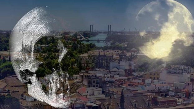 Montaje de la luna y una calavera con la ciudad de Sevilla al fondo
