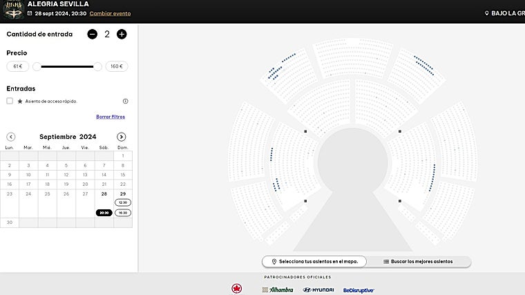 Cómo escoger fecha, hora, promoción y asiento para el espectáculo 'Alegría'
