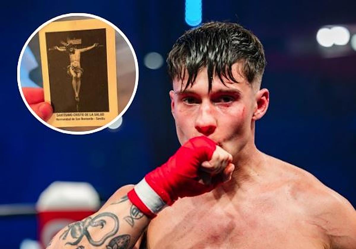 Tomás Mazza durante uno de los momentos del combate y la estampa del Cristo de la Salud de San Bernardo