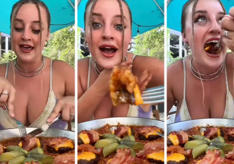 Una tiktoker horroriza a sus seguidores tras comer una paella de hamburguesa: «Está buenísima»