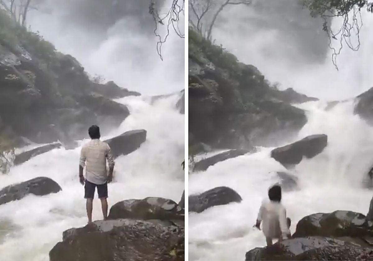 El suceso ocurrió cuando Kumar se encontraba posando de espaldas junto a la catarata de Arasinagundi