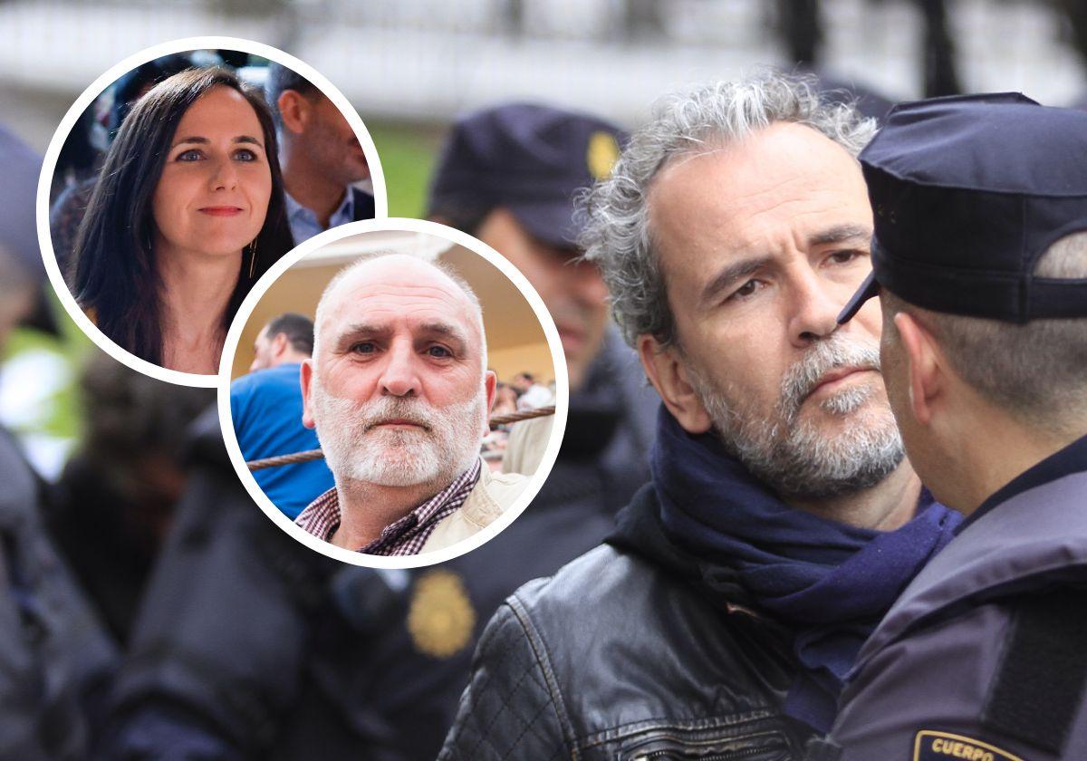 Willy Toledo, frente a un policía nacional. En pequeño, Ione Belarra (arriba) y José Andrés (abajo)