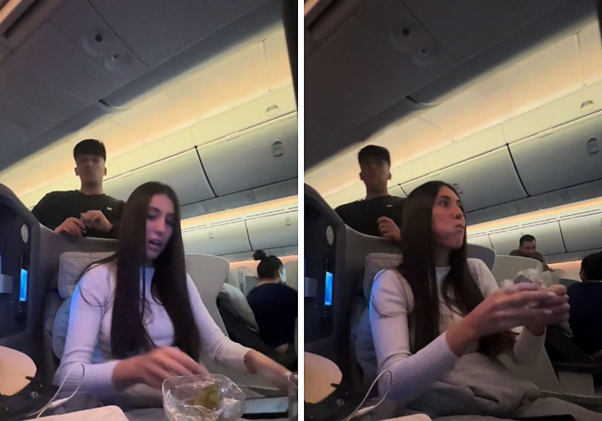 El momento viral de una joven tratando de tomarse las uvas en el avión