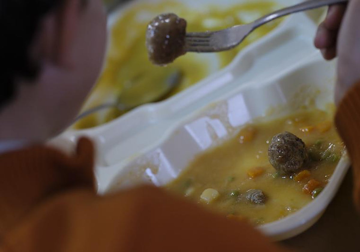 Un niño, comiendo un plato guisado