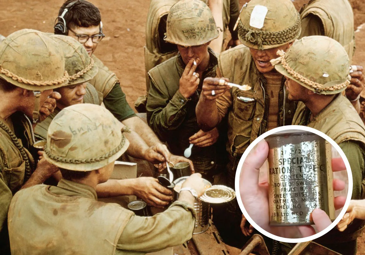 Muestra una lata de comida militar de la Segunda Guerra Mundial y prueba todo lo que hay en su interior