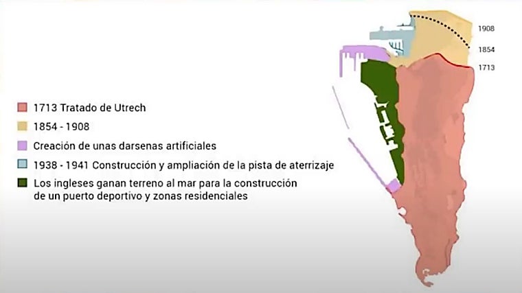 Mapa de los territorios anexionados por Gibraltar tras el tratado de Utrecht