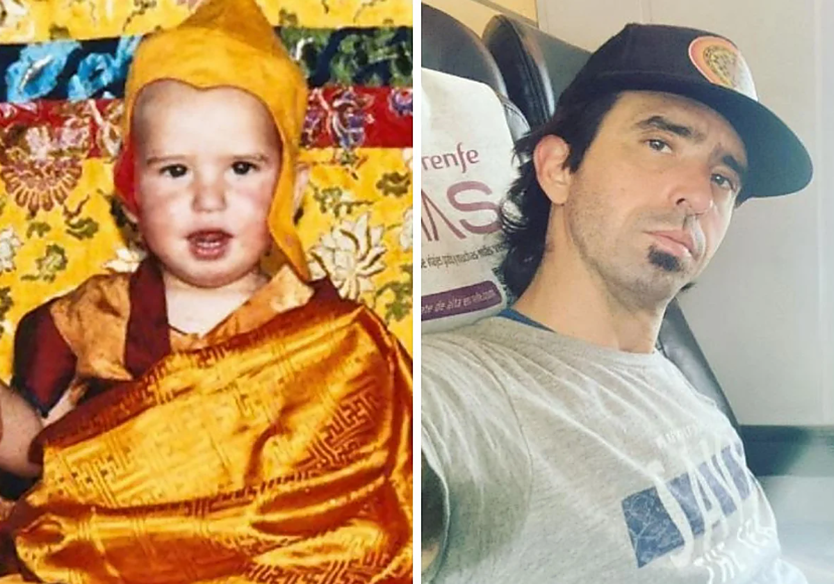 Osel, durante su infancia en el templo y años después en su vida actual