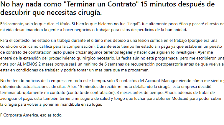 Un empleado es despedido del trabajo a los 15 minutos de revelar que necesita una cirugía
