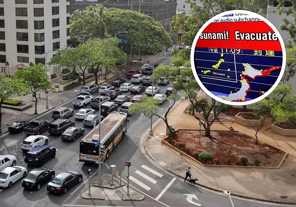 Decenas de coches atrapados en el centro de Honolulu poco después de que se decretase la alerta por tsunami