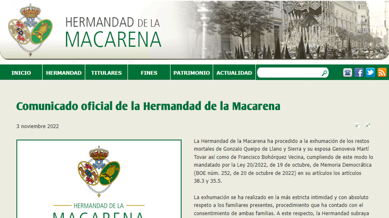 La hermandad de la Macarena publica un comunicado sobre la exhumación de Queipo de Llano y Francisco Bohórquez