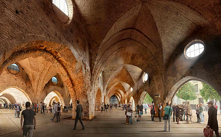 Imagen principal - Arriba, recreación del Centro Cultural Atarazanas. Debajo, recreación del complejo de Altadis y el claustro del Espacio Santa Clara