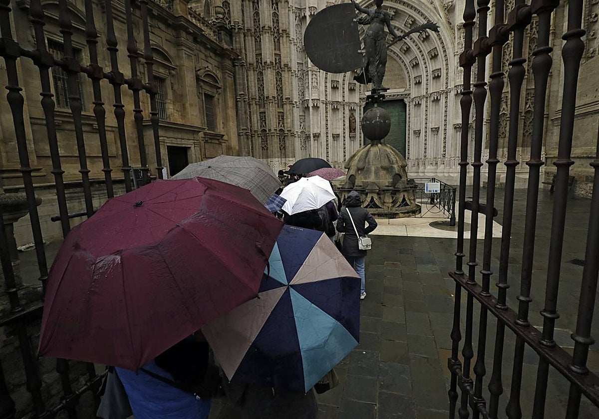 Cola de turistas a la espera de entrar en la Catedral de Sevilla protegidos con paraguas de la lluvia