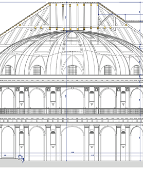 Imagen secundaria 2 - Descripción sobre plano de las grietas y desprendimientos en la cúpula y la fachada de San Hermenegildo, según el proyecto de restauración
