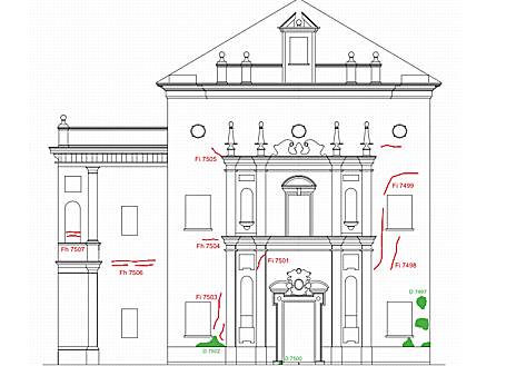 Imagen secundaria 1 - Descripción sobre plano de las grietas y desprendimientos en la cúpula y la fachada de San Hermenegildo, según el proyecto de restauración