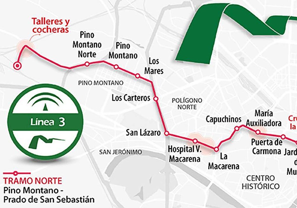 Plano del tramo norte de la línea 3 del metro de Sevilla