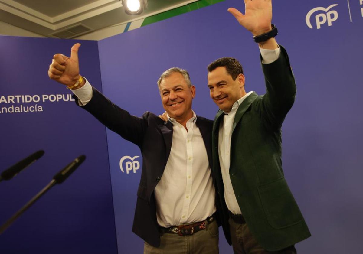 José Luis Sanz y Juanma Moreno tras conocer la victoria en la noche electoral