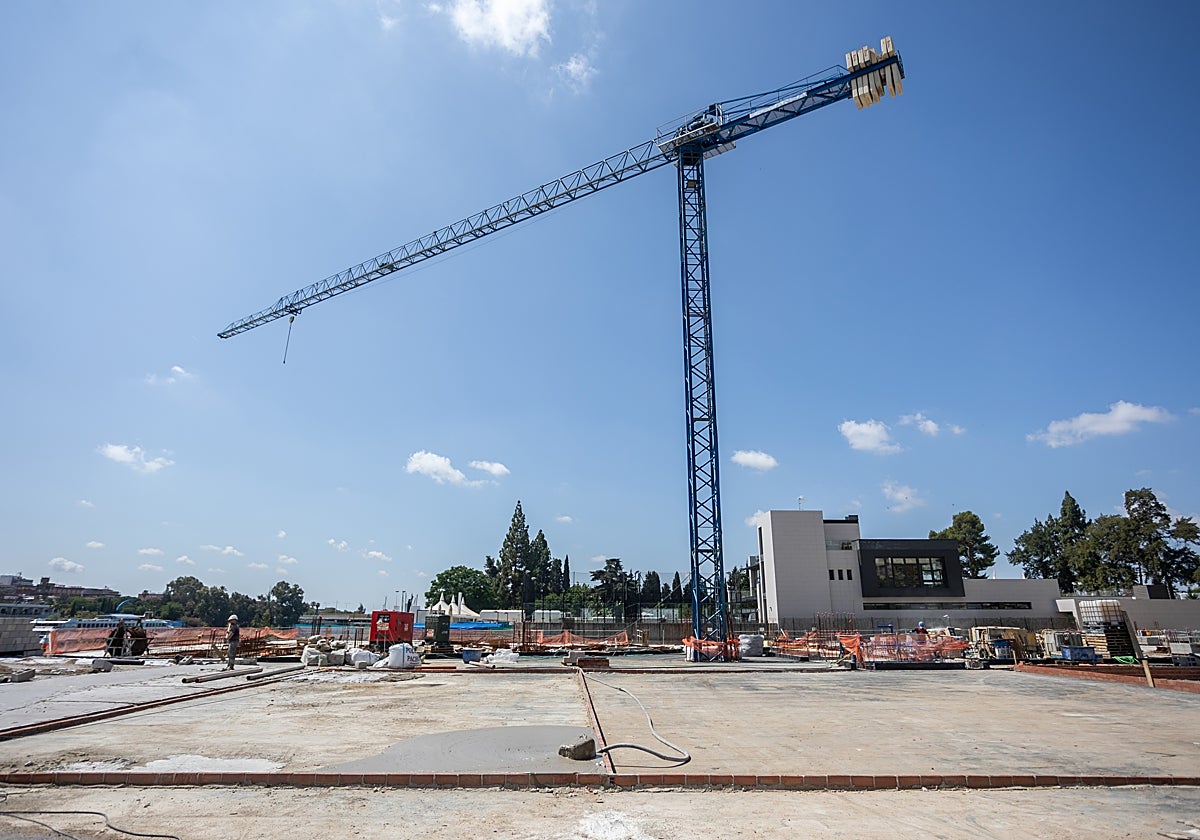 La grúa instalada junto al Mercantil, donde se levantará el edificio 1 del Jardín de las Cigarreras y la 'Plaza Iberoamericana'
