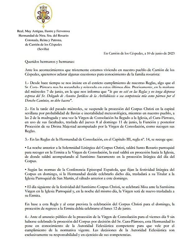 Carrión sigue con la polémica de la suspensión del Corpus Christi