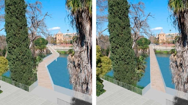 Las dos variantes de la pasarela (en línea recta o en zigzag) vistas desde el futuro paseo fluvial de Altadis