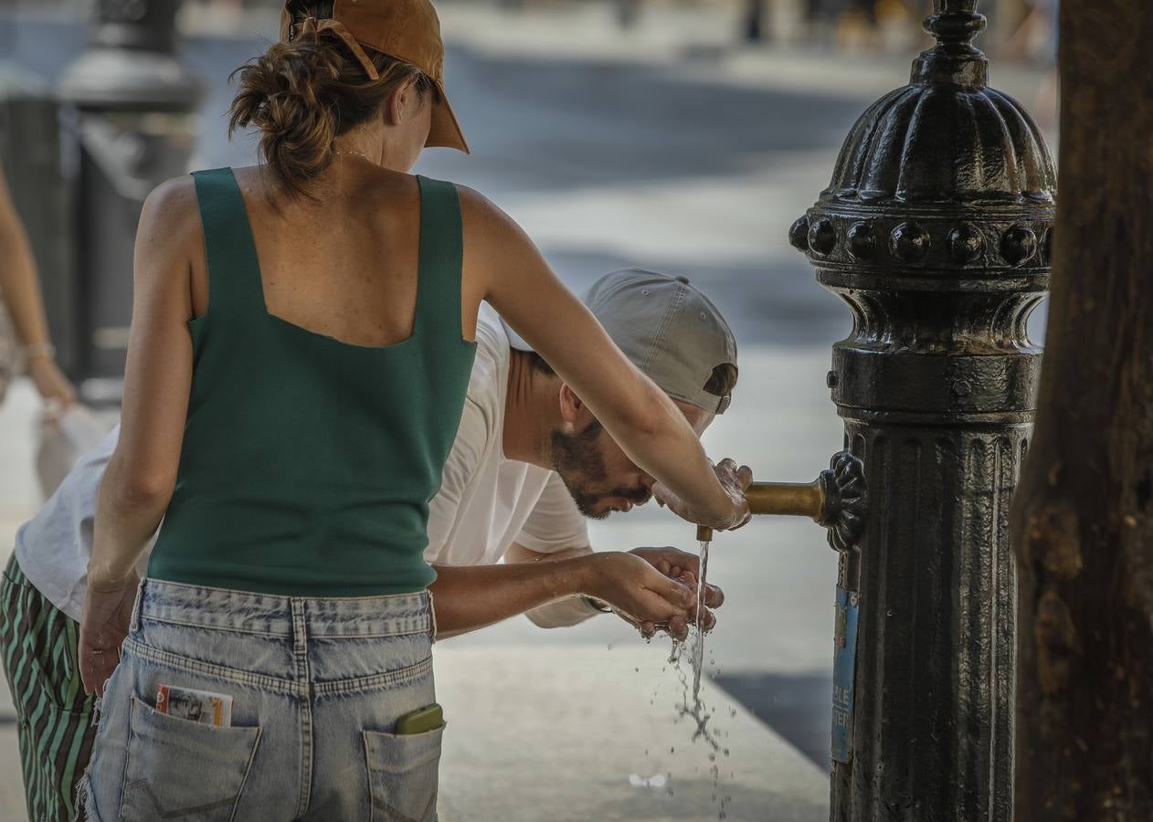 En el centro de Sevilla solo podían verse a algunos valientes turistas que desafiaban el calor