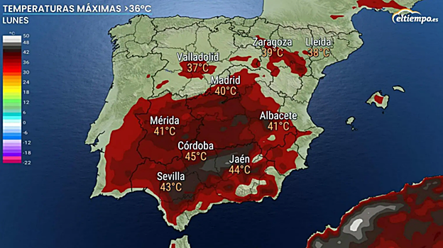 Mapa de España con las temperaturas estimadas para el lunes