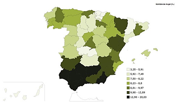 Densidad de personas con el nombre Ana en España