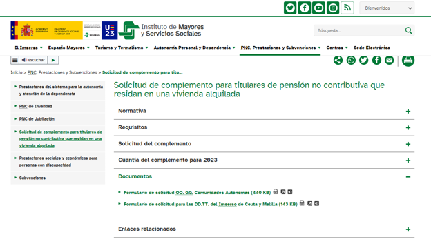 Captura del apartado de esta ayuda para pensionistas, dentro de la web del Imserso, con los documentos a aportar para solicitarla