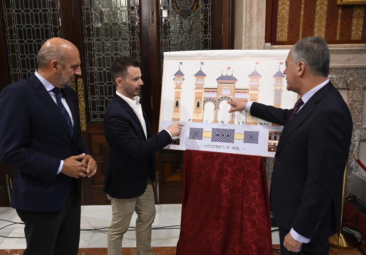 El alcalde de Sevilla, José Luis Sanz, junto al autor de la portada, el italiano Davide Ganbini, y el teniente de alcalde de Fiestas Mayores Manuel Alés