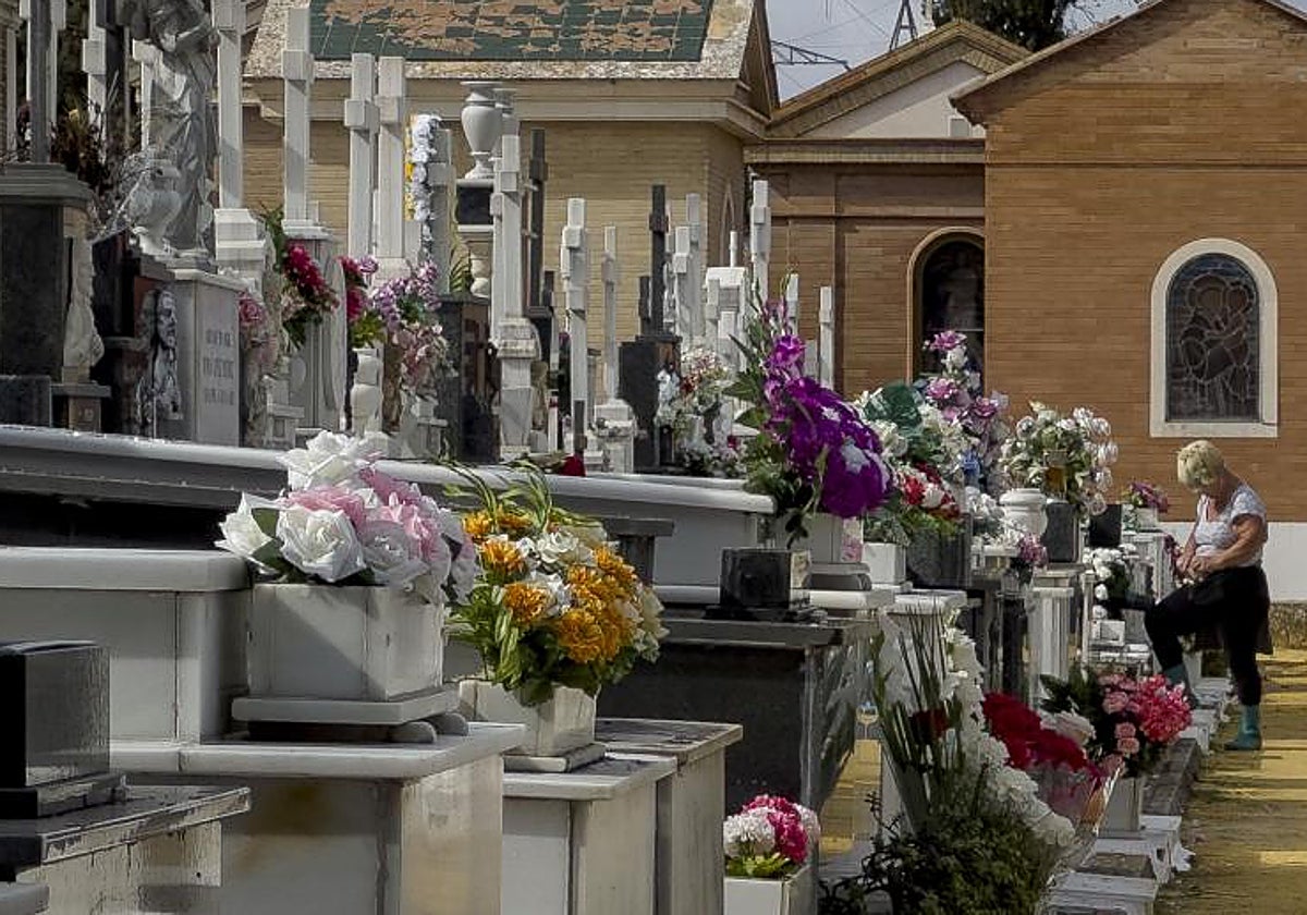 Flores recién cambiadas en la víspera del 1 de noviembre en el cementerio