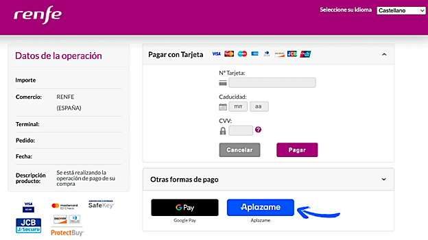 Pasarela de pago en la web de Renfe durante la compra online de billetes