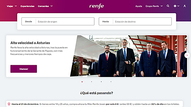 Web principal de Renfe, desde donde se pueden elegir lo billetes