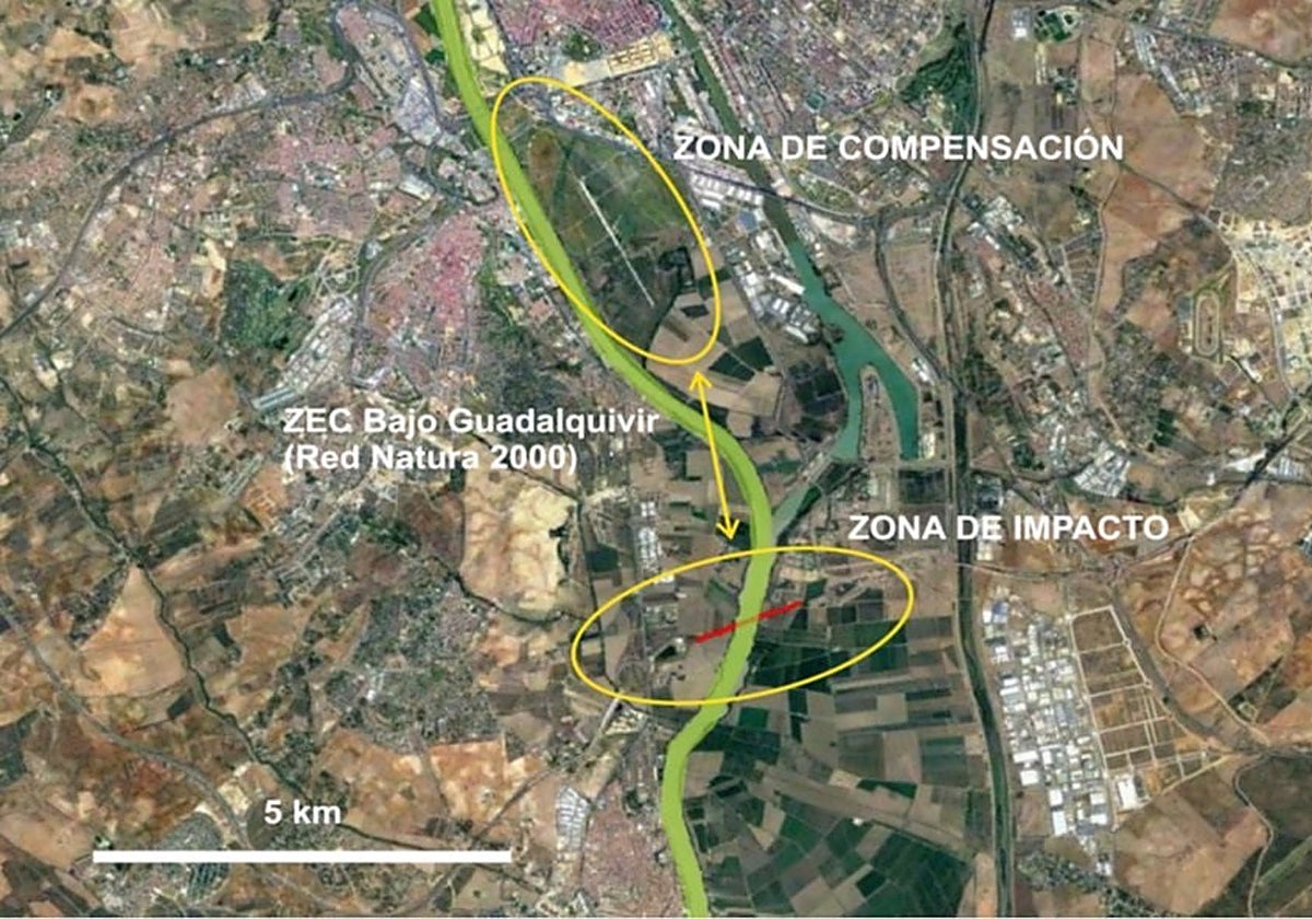 Plano con las zonas de compensación y de principal afectación relacionadas con el anteproyecto del puente de la SE-40
