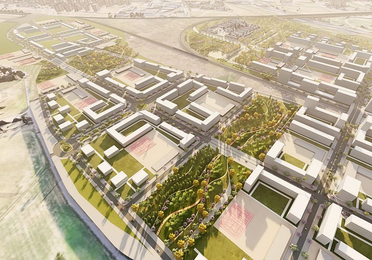 Recreación de una parte del futuro barrio de Villanueva del Pítamo, situado a la espalda de los Jardines de Hércules