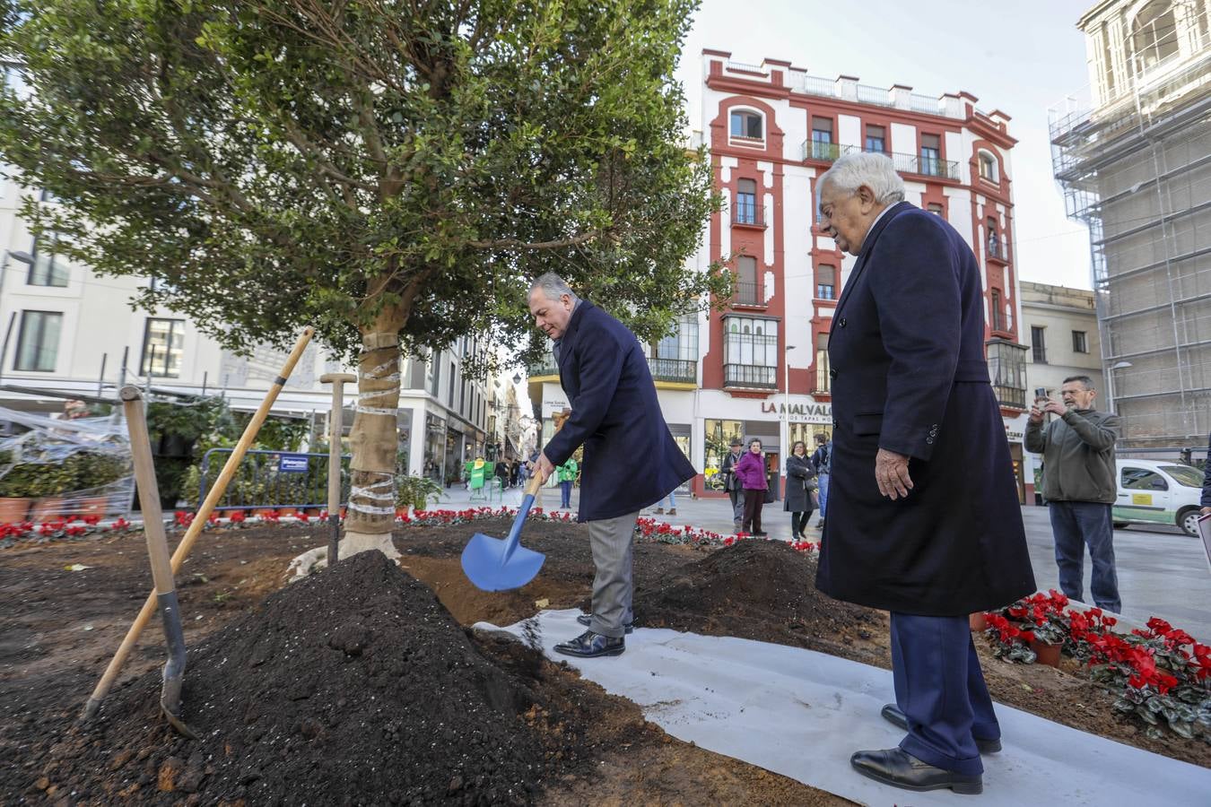 José Luis Sanz y el presidente de la Cámara de Comercio de Sevilla, Francisco Herrero, siembran el ficus 