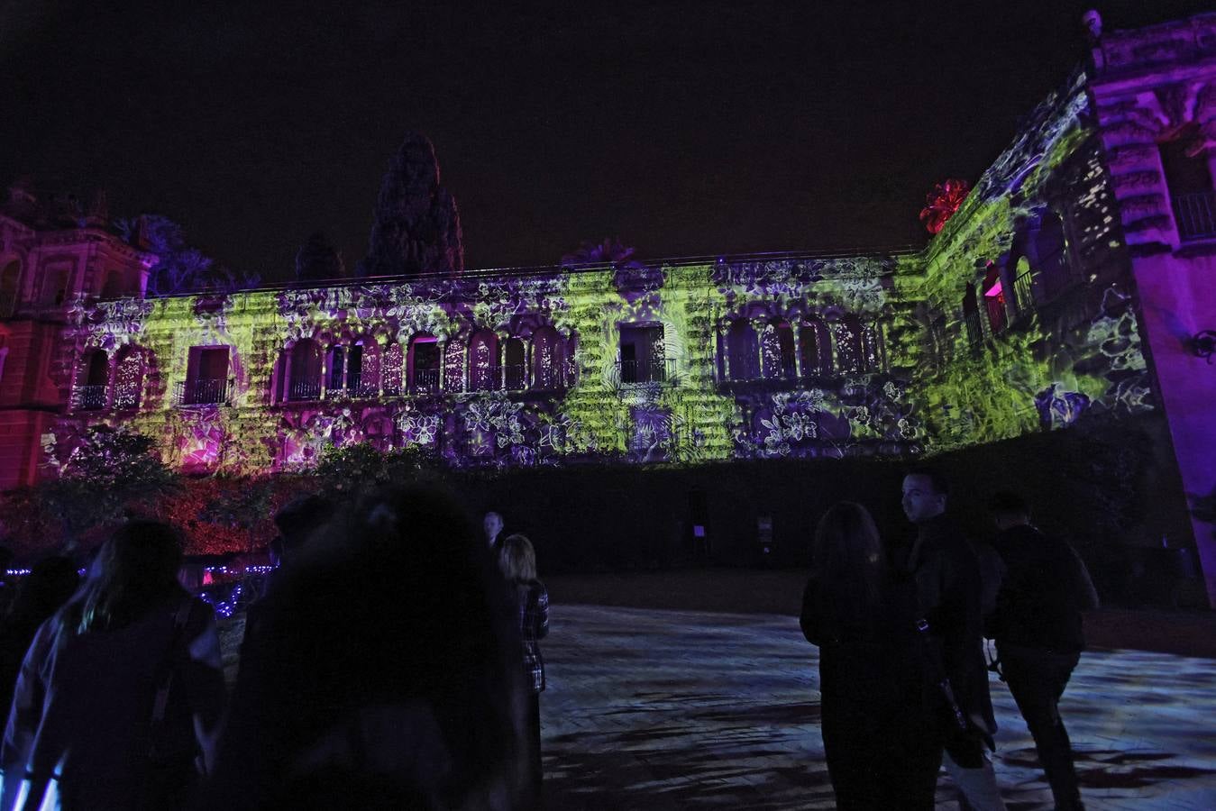 Los jardines del Alcázar durante el espectáculo de luz y color que aumenta aún más si cabe la belleza de este espacio