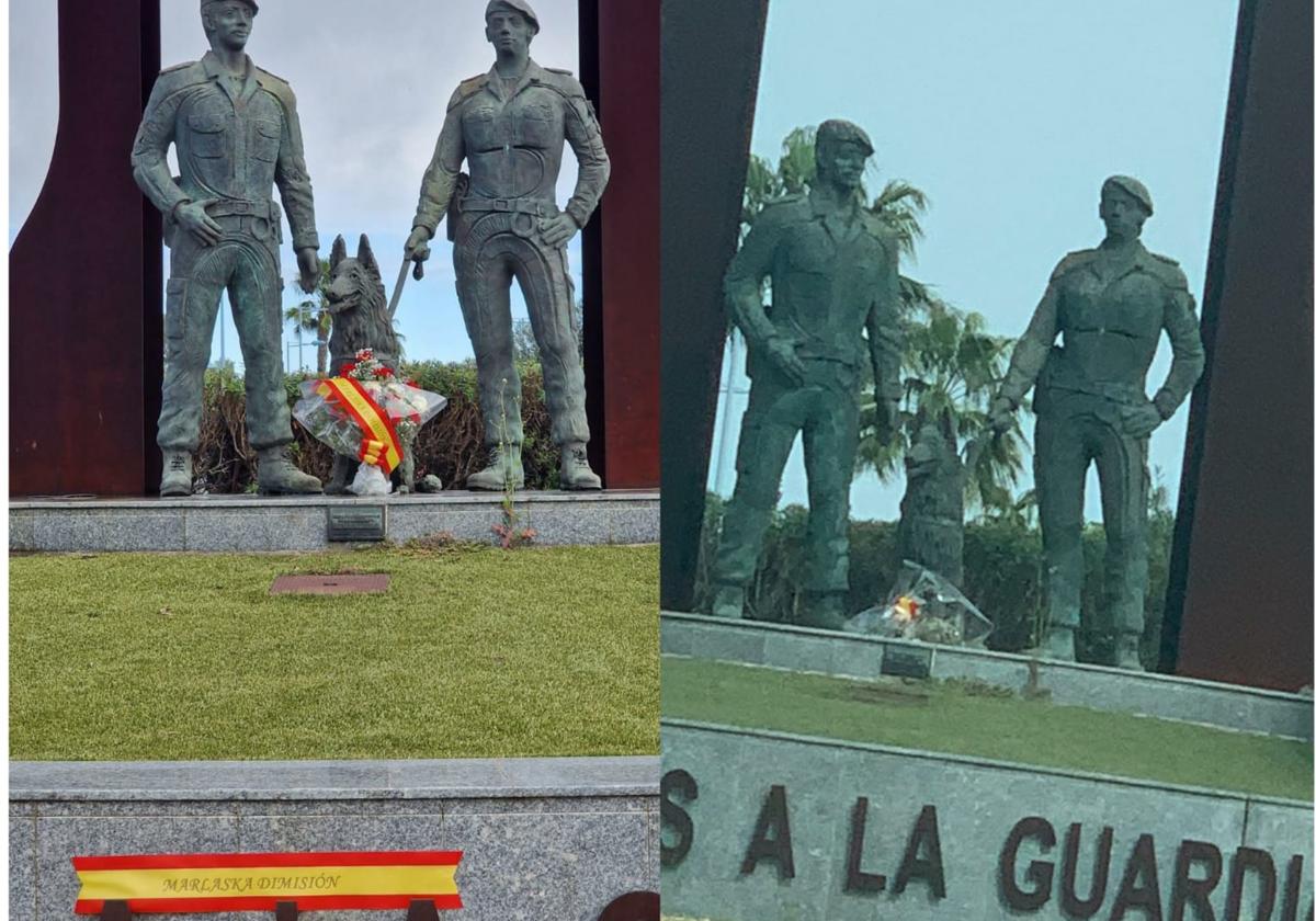 Montaje con el antes y después de la rotonda de Montequinto, tras ser retirada la bandera de España con el mensaje «Marlaska dimisión»