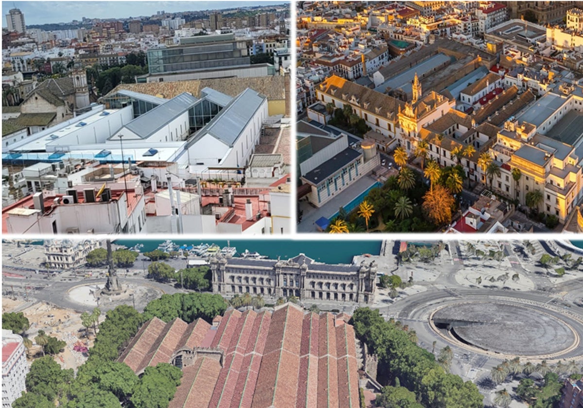Arriba, a la izquierda, vista actual de las cubiertas de las Atarazanas. A la derecha, una imagen de su aspecto original antes de la rehabilitación. Debajo, vista aérea de las Atarazanas de Barcelona