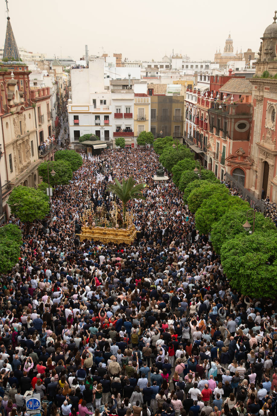 La Borriquita realiza su estación de penitencia este Domingo de Ramos a paso acelerado debido a los partes meteorológicos