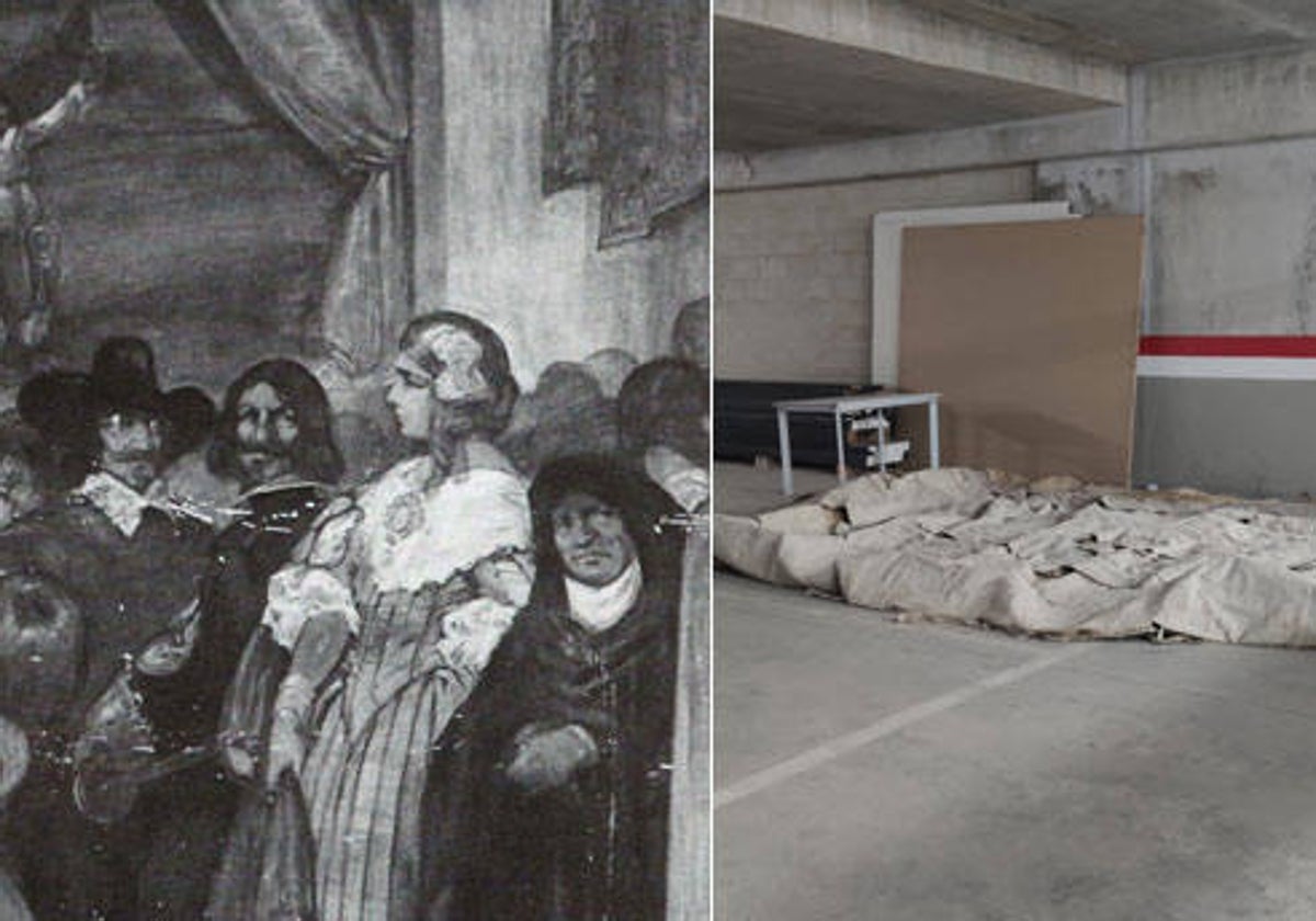 A la izquierda, el mural titulado «Corral de comedias del siglo XVII» antes de deteriorarse; a la derecha estado actual de uno de los paneles