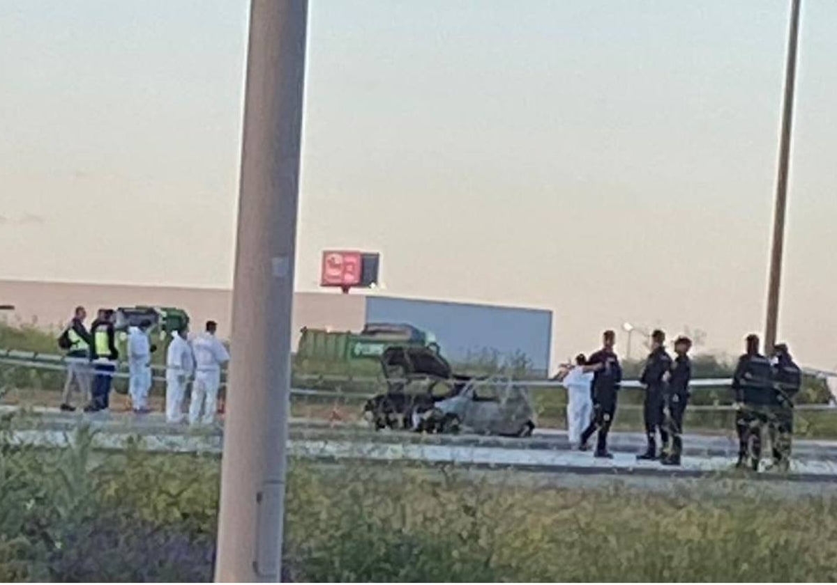 Agentes de la Policía Nacional junto al coche calcinado en un polígono de Dos Hermanas