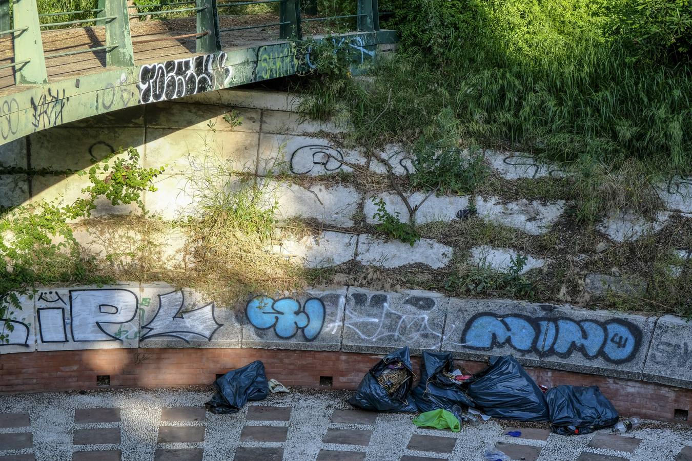 Deterioro y abandono en la orilla del río a su paso por La Cartuja y en el Paseo de Juan Carlos I