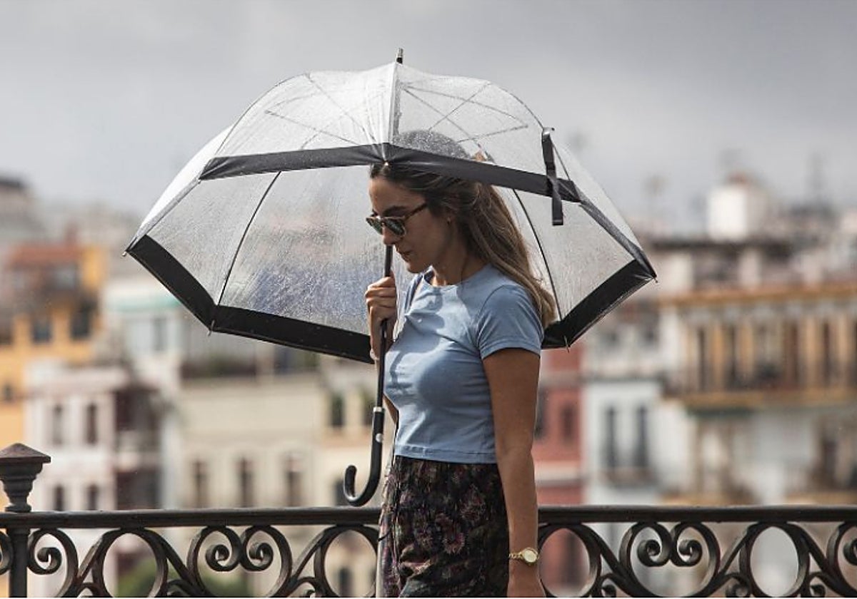 Imagen de una mujer caminando con paraguas por el Puente de Triana