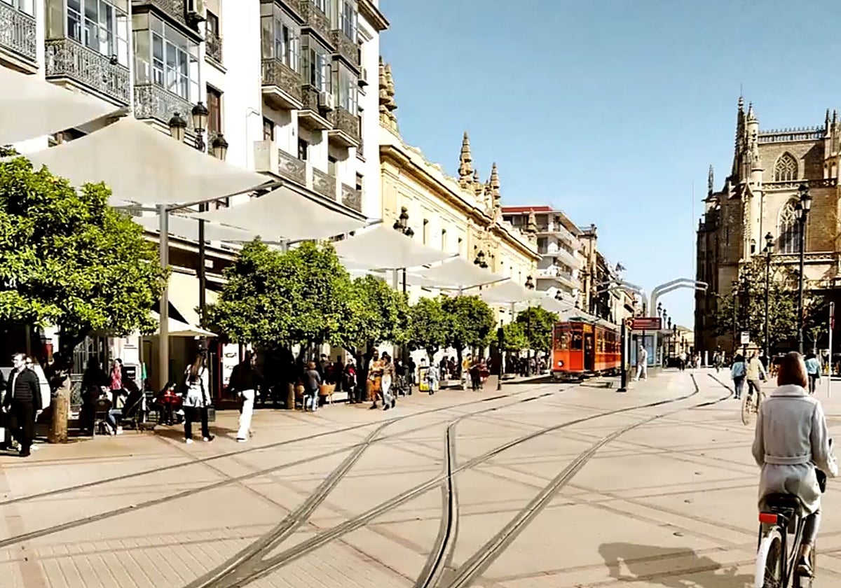 Recreación de la reorganización de la Avenida que pretende llevar a cabo Sanz, con los toldos
