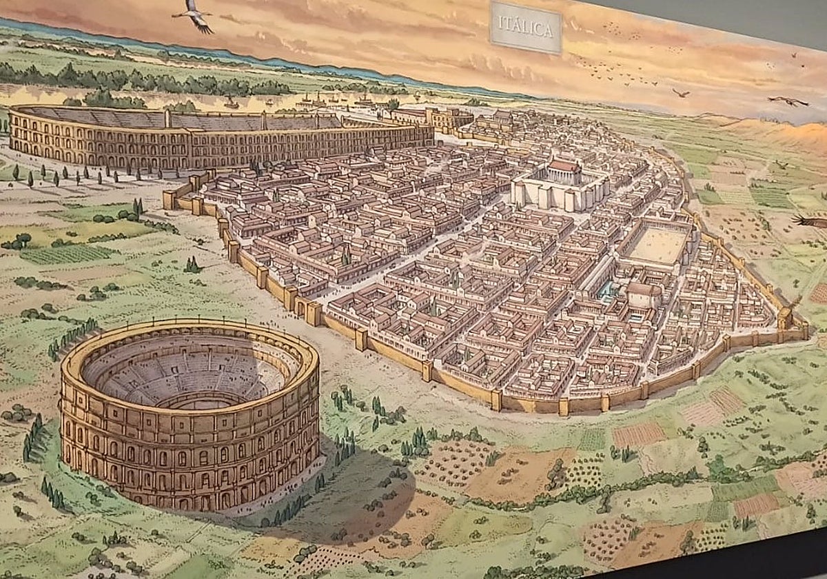 Dibujo de la antigua Itálica, donde se aprecia el circo romano en la ubicación donde aparecieron los restos