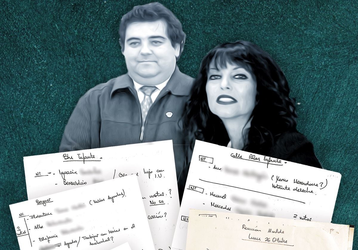 Rafael Moreno y Áurea Borrego, junto con algunos del papeles manuscritos hallados en un despacho municipal de Huévar del Aljarafe