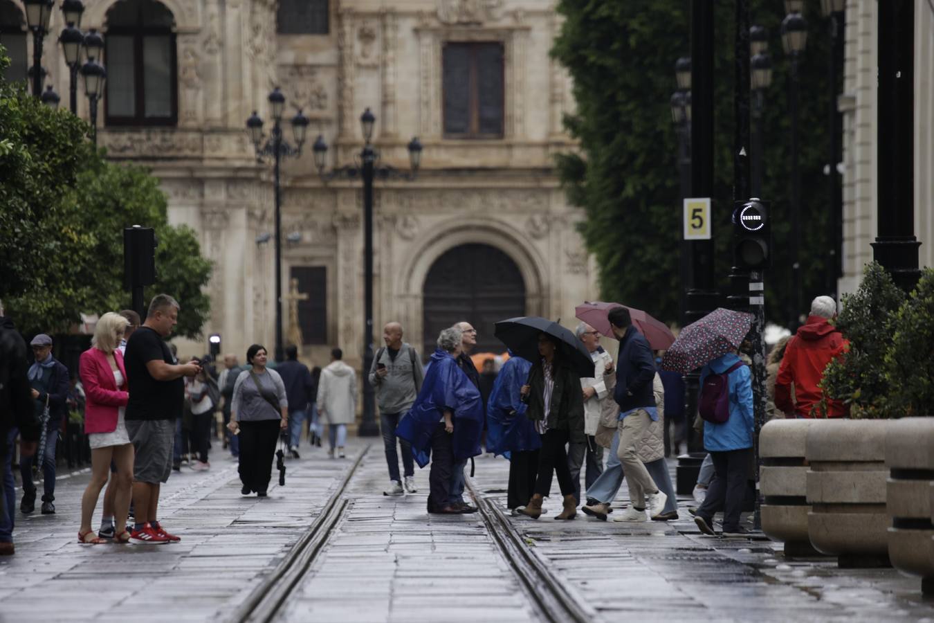 Los paraguas han inundado las calles del Centro de Sevilla durante el día de la Fiesta Nacional