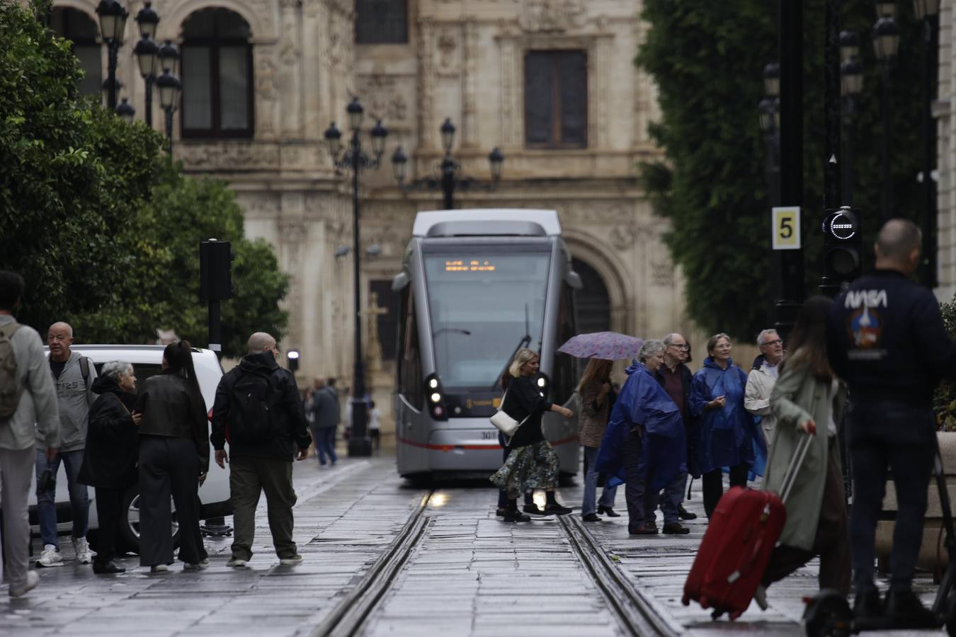 Los paraguas han inundado las calles del Centro de Sevilla durante el día de la Fiesta Nacional